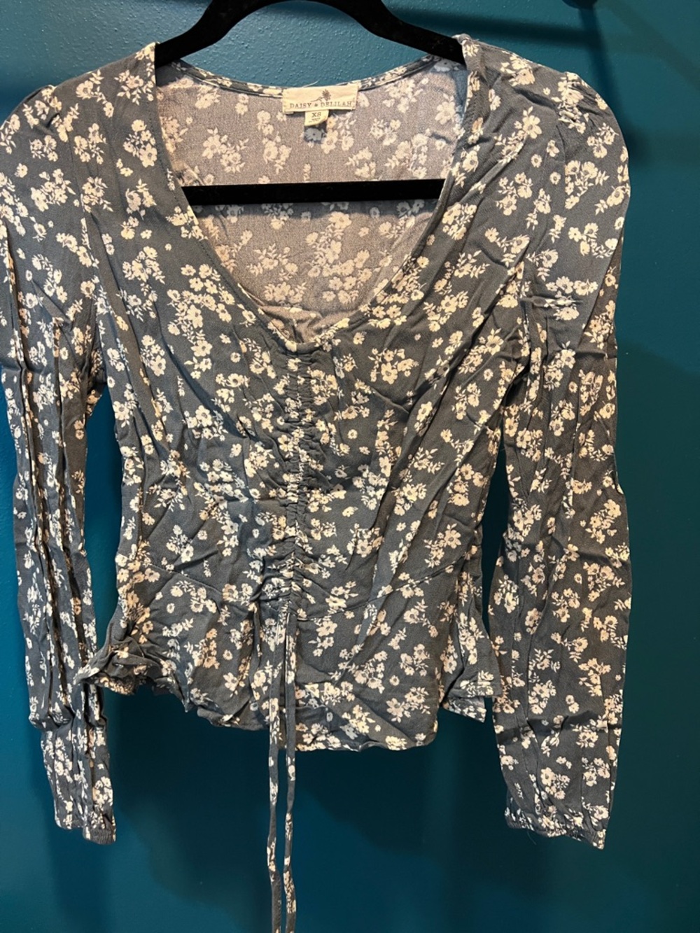 Floral Ruched Long-Sleeve Blouse in Dusty green